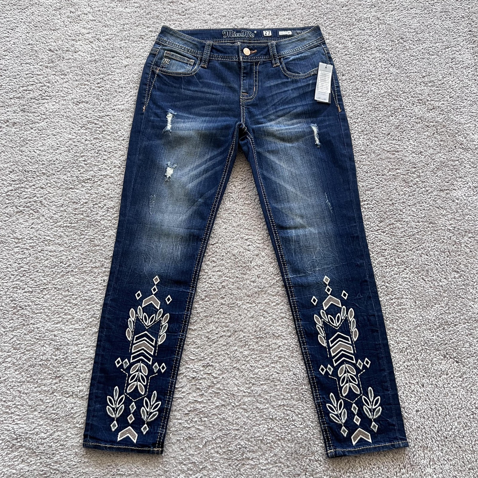 Miss Me Ankle Skinny Mid Rise Jeans Womens 27 Blue Embroidered Distressed