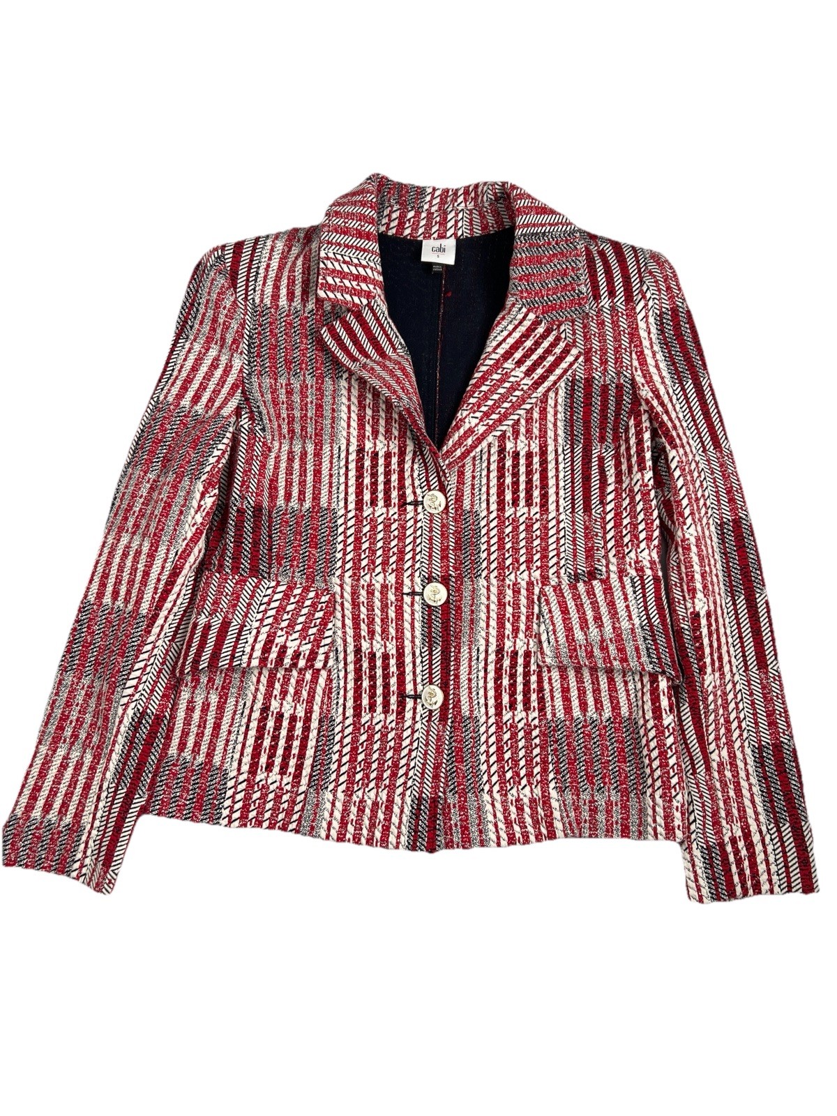 Cabi Patchwork Button-Up Blazer Jacket Red White … - image 8