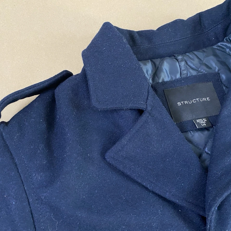 Structure L Large Classic Navy Blue Wool Blend Peacoat Jacket Winter Coat Men - Image 4 of 4