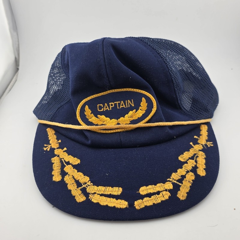 Vintage 80s Spell Out Captain Gold Leaf Roped Trucker Hat Cap Snapback Blue