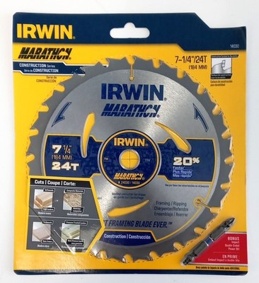 Irwin Carbide Circular Saw Blade 7-1/4'' 24T Framing with Power Bit 24030 #R08