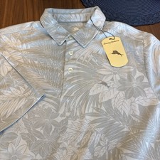 Tommy Bahama SZ L Mens SS Gray Poly Cotton Performance Polo Floral Hawaiian NWT