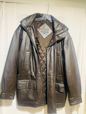 David Taylor Mens Genuine Leather Jacket Hooded Brown Size L Heavy Winter Coat