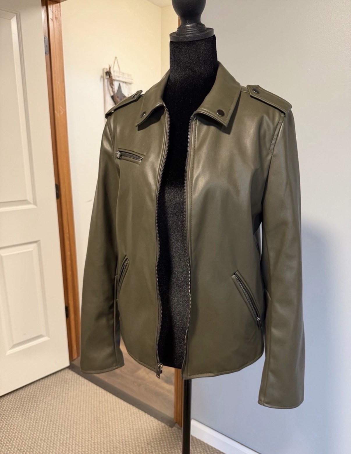 Apt. 9 Faux Leather Zip Jacket Zipped Pockets Olive Women's Size S