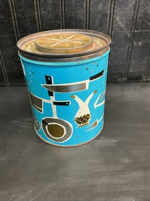 Vtg Fluffo Shortening Can Blue MCM Kitchen Graphics Decor Proctor & Gamble 6 x5 
