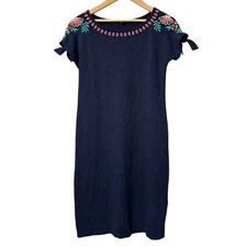 Talbots Woman Navy Blue Cotton Floral Embroidered Tie Sleeve Shift Dress Size S