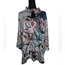 Inoah Art-to-Wear Gray Abstract Turtle-neck Flowy Tunic Style Top Size M