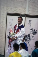 Summer Olympics USA Greg Louganis victorious with gold medal and f- Old Photo