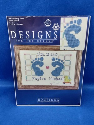 Vtg Designs for the Needle Baby Feet X Stitch Kit Birth Announcement Boy Girl
