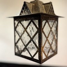 Antique Hammered Metal Hanging Lantern Light – Textured Glass – Needs Rewiring