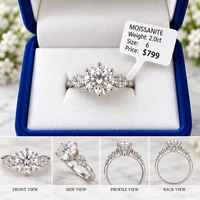 2.0 CT Round Moissanite Ring Size 6 Brilliant Center Stone & Side Accents