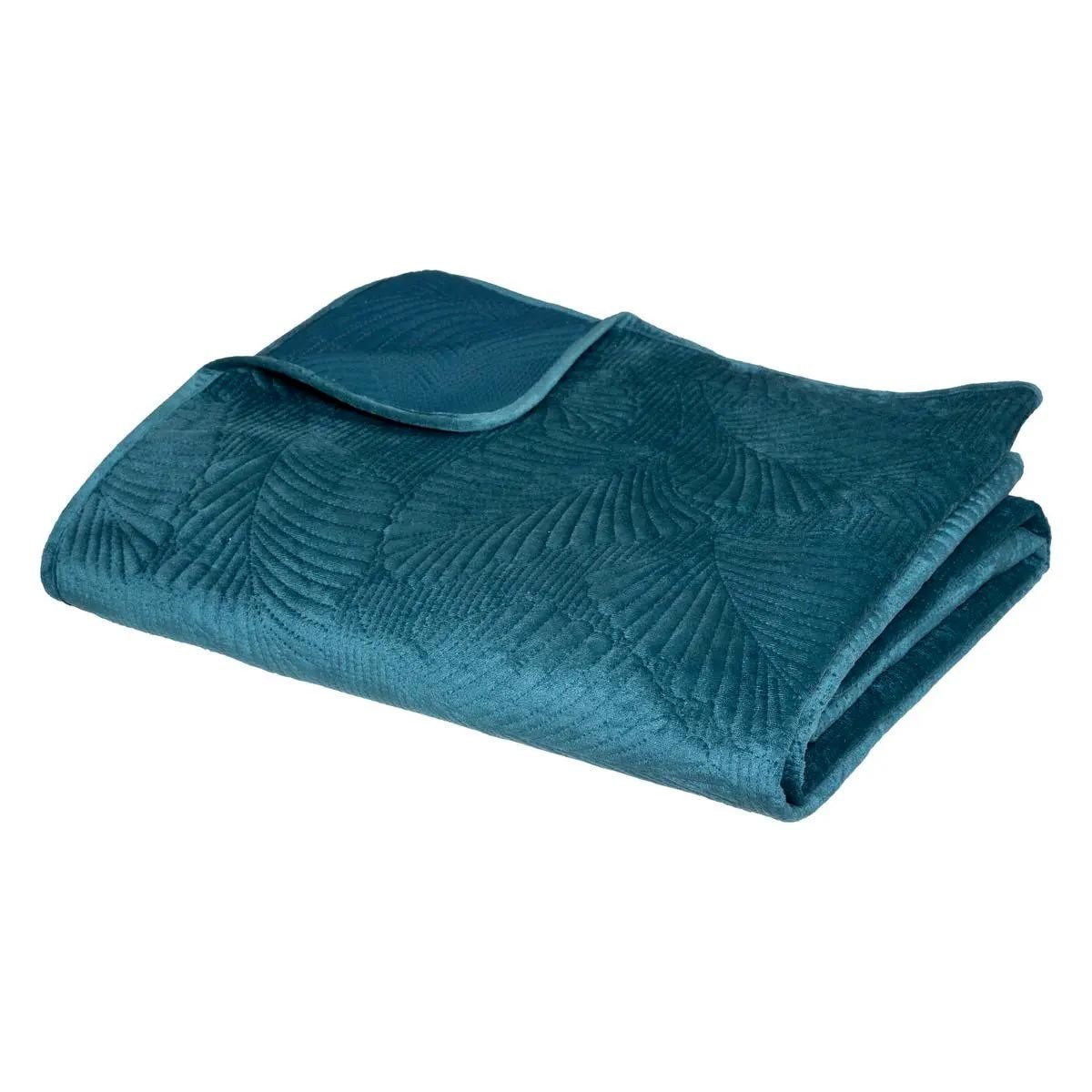 Dessus de lit bleu canard 240x260 cm à motif feuilles pour lit double