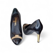 Authentic CHANEL Black Leather Cap-Toe Pumps Gold Heels CC Logo Size 37 US 6.5