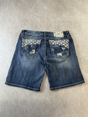 Miss Me Damen Bermuda Shorts 31 blau Häkelspitze verziert Y2K Jorts JP8328D