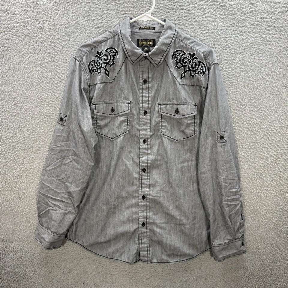 Helix Shirt Adult Medium Gray Pearl Snap Embroidered Western Rodeo Mens Y2K - Image 2 of 4