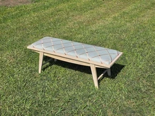 West Elm Crescent Bench Pale Blue Seat Gold Lattice Red Thread Rosette Tufts