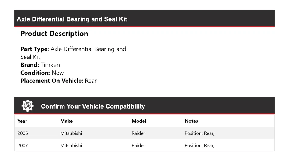 Kit de cojinete y sello diferencial eje trasero Timken para Mitsubishi Raider 2006-07 Foto 2 de 3