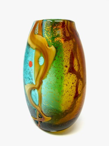 Very Big Murano Art Glass Freeform Outer Strap Silver Leaf Vase Aqua Amber - Picture 5 of 12