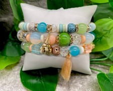 3 PC Handmade Beaded Stackable 6.5  Plus Stretch Bracelet Set Charm New A4862