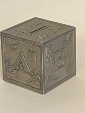VINTAGE LEONARD SILVER PLATE ABCD CHILD'S PIGGY BANK COINS METAL ITALY 3" SQUARE