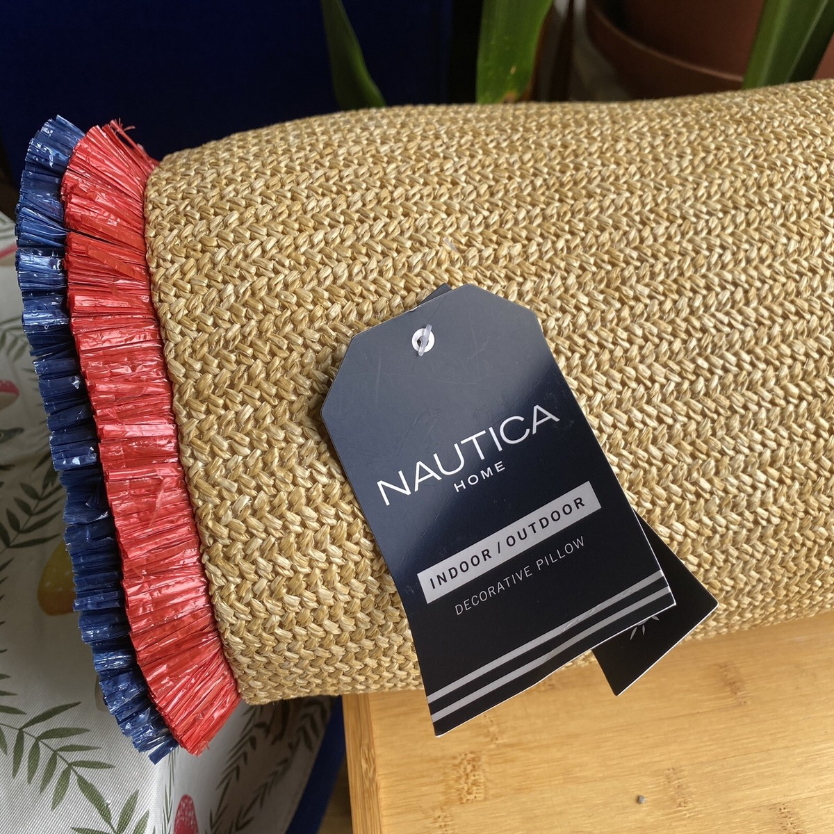 Nautica Raffia Blue Red Bolster Outdoor Throw Pillow NWT