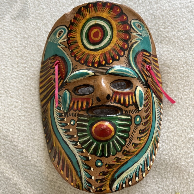 Mexican Folk Art Mask VTG Hand Painted Clay Pottery Terracotta Boho Wall Decor