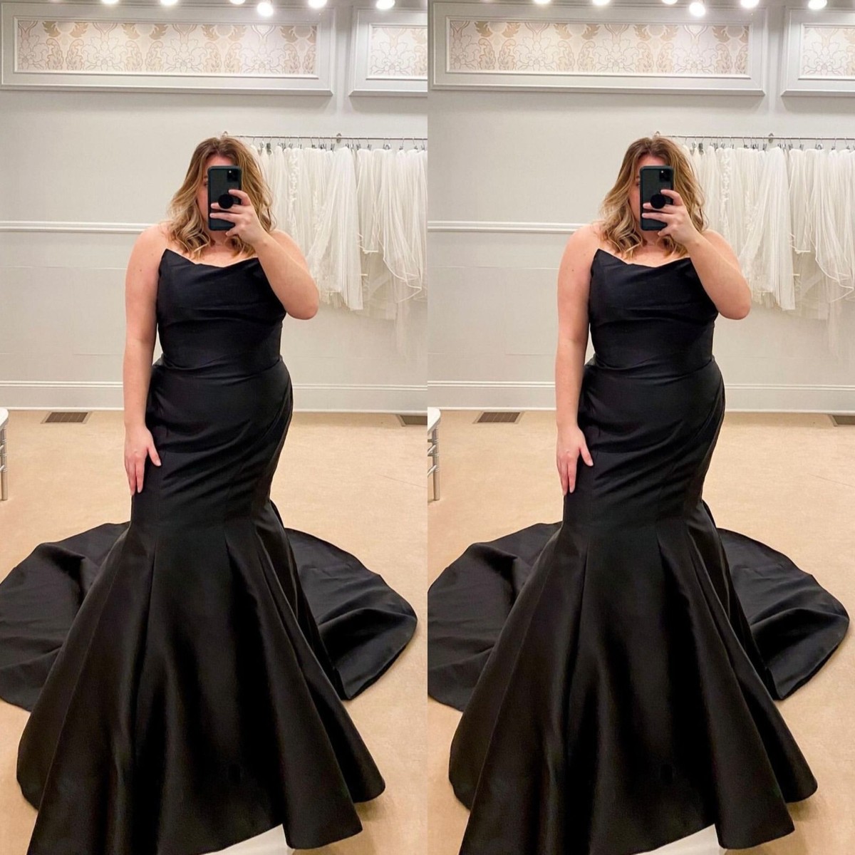 Black Mermaid Wedding Dresses Strapless Satin Sweep Train Bridal Gown Plus  Size | eBay