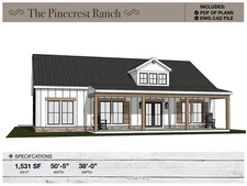 1,531 SQ FT Ranch House, 50'-5" x 38'-0", House Floor Plans, Modern Farmhouse