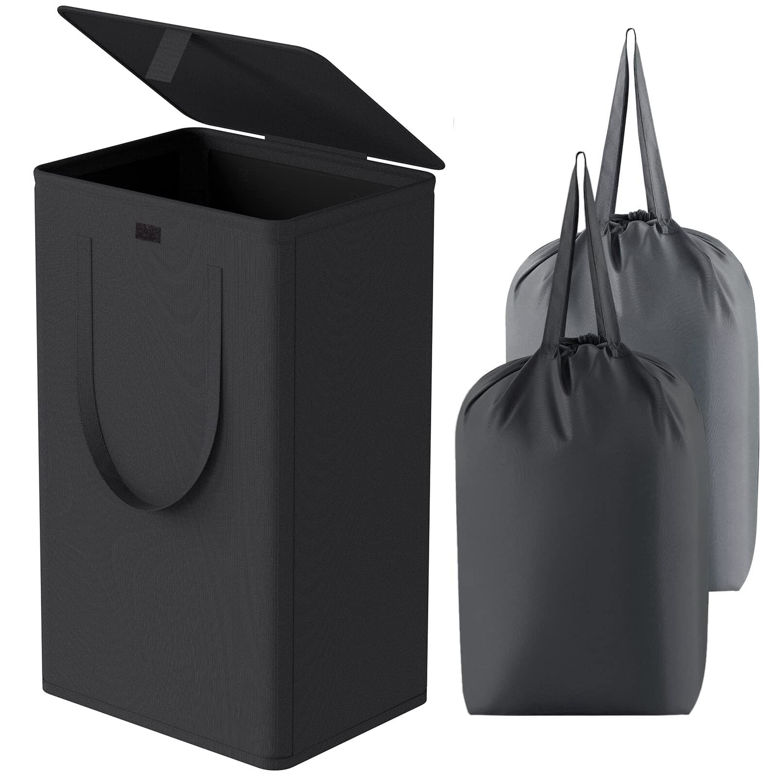WOWLIVE 100L Laundry Hamper with Lid, Large Foldable Laundry Basket with 2 Re...
