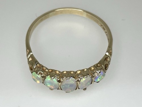 Vintage 9ct Yellow Gold Jelly Opal Ring 5 Graduated Stone Half Eternity 1993 'V' - Picture 12 of 16