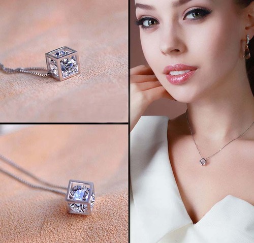 Collana donna/ragazza: placcata argento con ciondolo cubo 3D e gemma zirconi - Foto 2 di 2