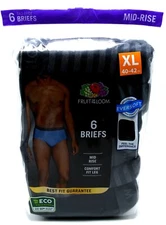 6 Black Gray Stripes Solid XL 40-42 Briefs Mid Rise Fruit of the Loom 102-107CM