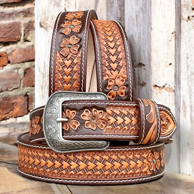 #ad Western Belt For Men Cowboy Full Grain Leather Hand Tooled With Removable Buckle $31.00