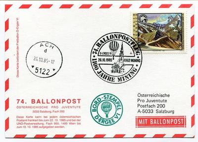 1985 Ballonpost No. 74 Pro Juventute Aerostato D-Ergee VI Mining Ach Salzburg