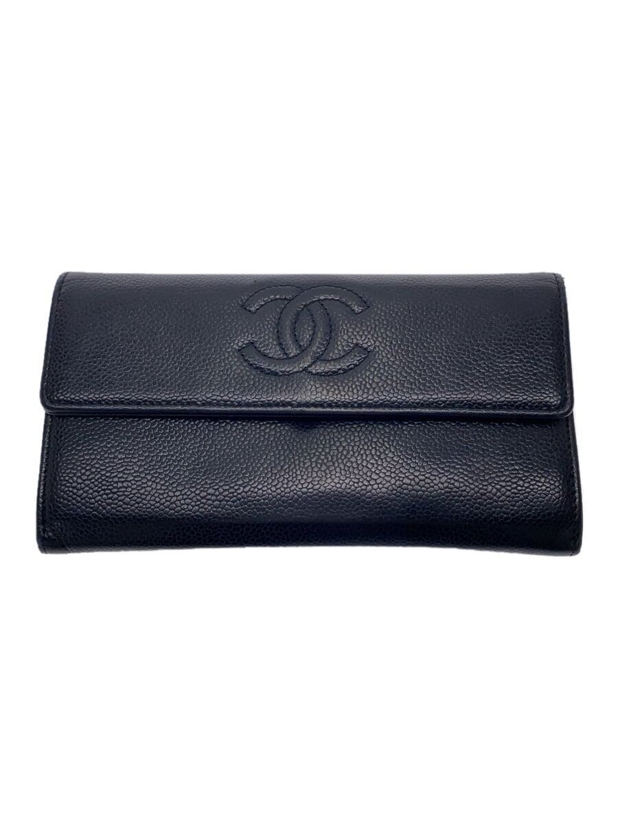 CHANEL Coco Mark Caviar Leather CC Black Long Flap Wallet A50070 Pre-Owned
