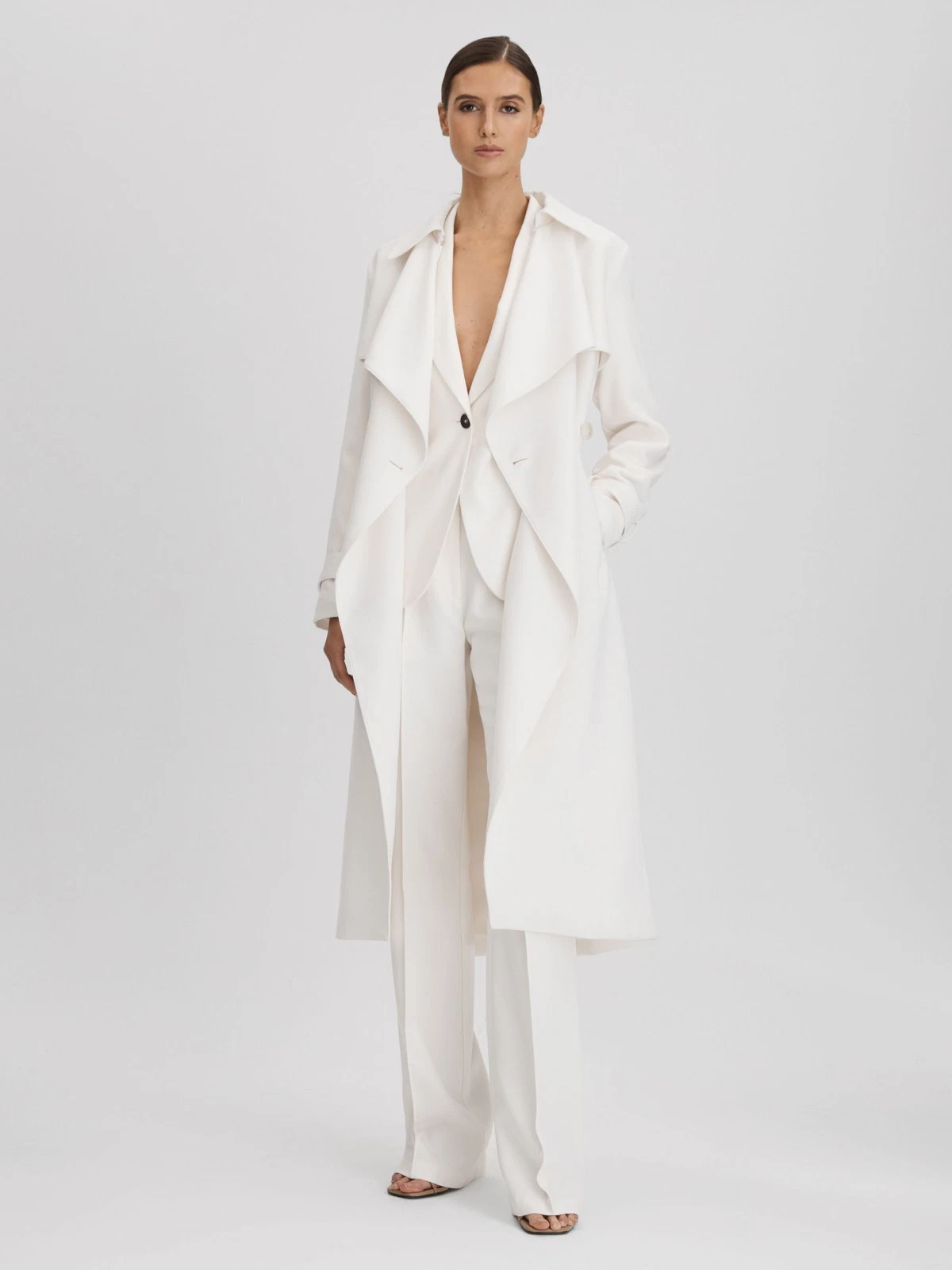 REISS PETITE Etta Double Breasted Belted Trench Coat Jacket in White
