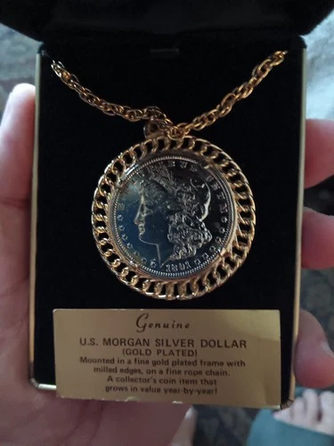 US Mint Coin Jewelry necklace Gold Plated Silver 1891 Morgan Dollar in box