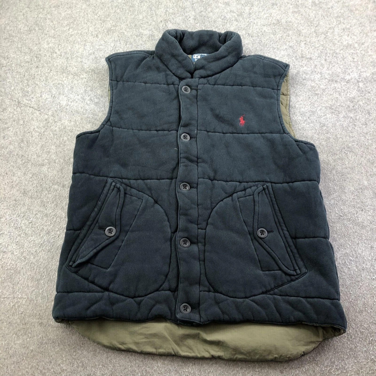 Polo Ralph Lauren Vest Mens Large Gray Fleece Quilted Button Outdoor Pockets