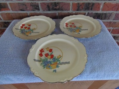 Antique Homer Laughlin Dinner Plate Floral Basket Red Tulips Blue Virginia Rose
