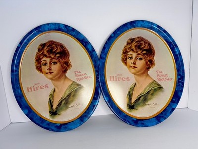 Set of 2 Drink Hires︱Haskell Coffire︱Honest Root Beer︱Oval Tray︱Metal︱Vintage