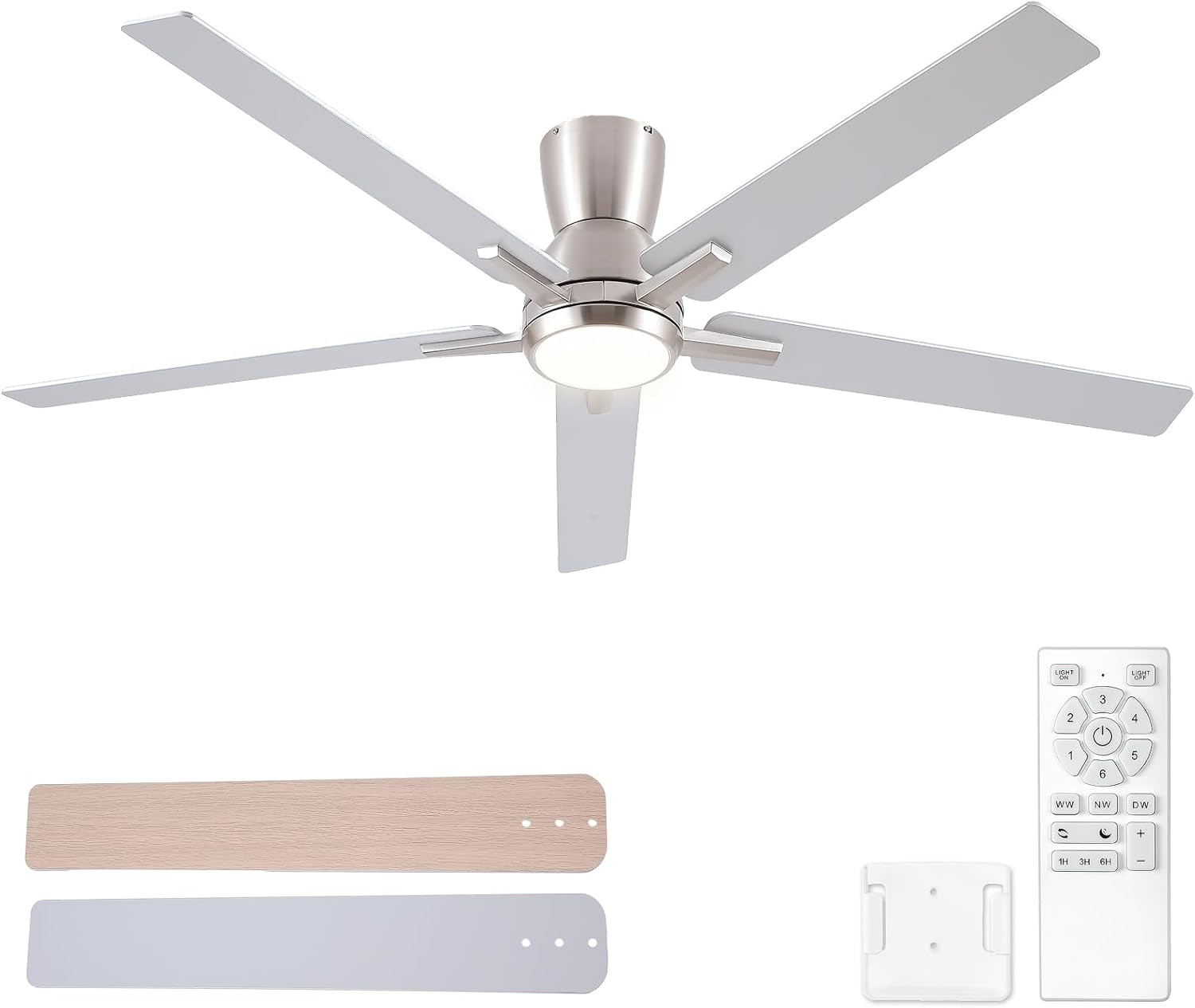 60 Inch Flush Mount Brushed Nickel Ceiling Fans with Lights and Remote, Low Prof