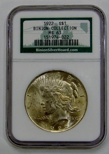 1922 Peace Silver Dollar NGC MS 63 Binion Collection
