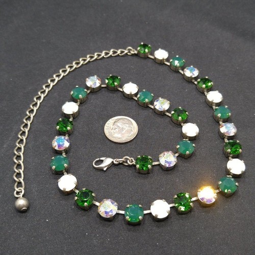 Sabika Style Necklace, Emerald Green Opal Crystals Rhinestones, Silver Tone, 20" - Picture 8 of 9
