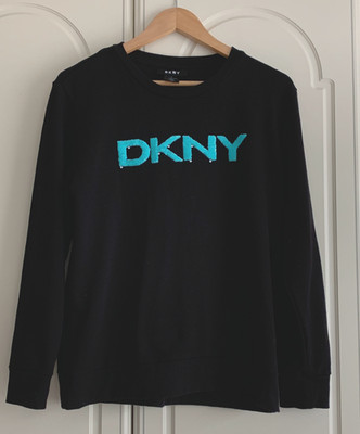 DKNY schwarz Pailletten Logo Baumwollmischung Jersey Sweatshirt entspannt Small 42'' Brustumfang