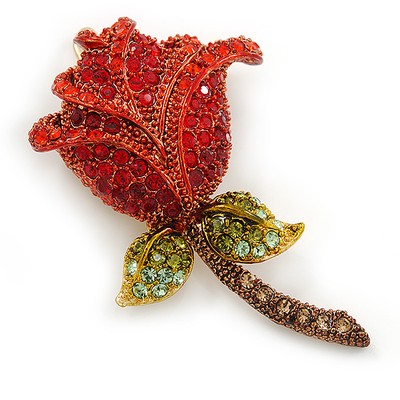 Red/ Green/ Brown Austrian Crystal Rose Hair Slide/ Grip In Gold Tone Metal -
