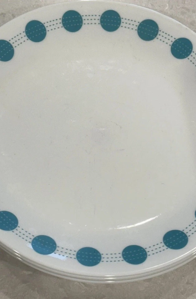 Set Of 8 Vintage Corelle 10.25" Dinner Plates South Beach Turquoise Dot Pattern - Image 4 of 4