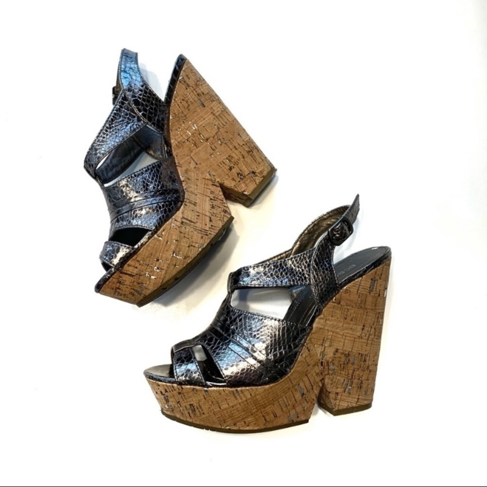 BCBGeneration Edelle Cork Platform Silver Wedges 8 - image 2