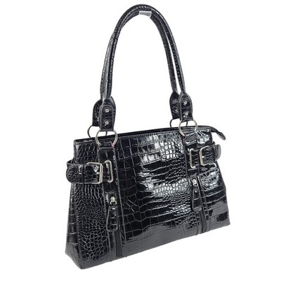Y2K La Diva Schultertasche Medium schwarz Lack Kroko Kunstleder Schnalle Handtasche
