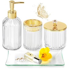 Gold Bathroom Accessories Set, 4Pcs Clear Glass Bathroom Accessory Sets Compl...