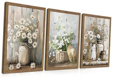 Wood Rustic Farmhouse Wall Art, Vintage Floral Canvas 16L" x 12W" Daisy Framed
